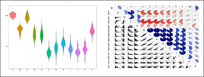 Visualization of distributions (violin plot/doubled kernel density plot) and correlations