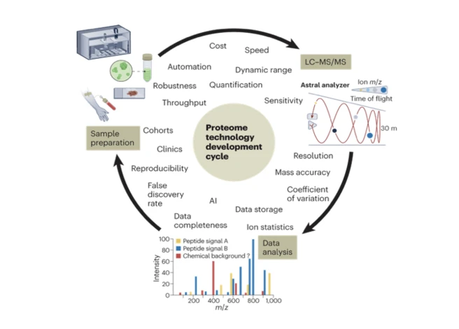 circular diagram showing three stages - wet lab (sample prep), mass spectrometry and data analysis